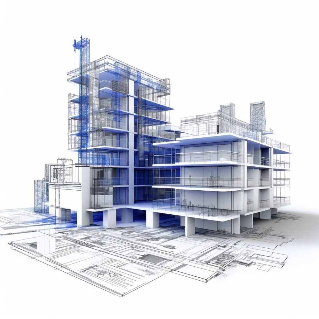 3D architectural rendering of a modern multi-story building with blue glass and white concrete, over blueprint plans.