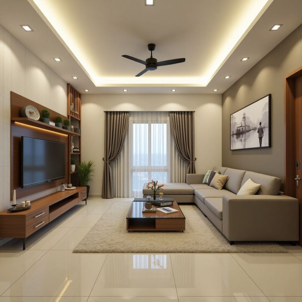 Modern living room with a beige L-shaped sofa, wooden TV unit, and large window with draped curtains.