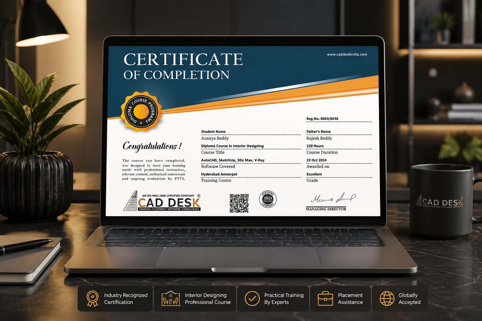 Laptop displaying a certificate of completion with a blue header and orange ribbon on a desk. Inset seal on the left and text area to the right/top-left, camera-friendly setup.