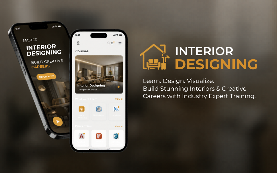 Two smartphones display an interior design course app; left screen shows 'Interior Designing' with an enroll button, right screen shows a course card catalog on a blurred backdrop featuring 'Interior Designing' branding.