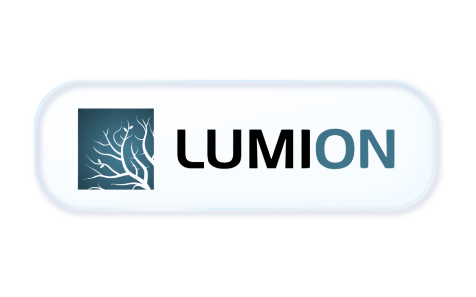 Lumion logo on a pale blue rounded banner, featuring a dark blue square with white tree roots beside the bold text LUMION (with 'ON' in blue)