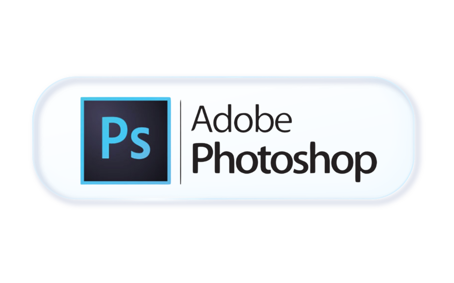 Adobe Photoshop logo: blue Ps square next to a vertical divider and the text ‘Adobe Photoshop’ on a rounded pale-blue capsule.