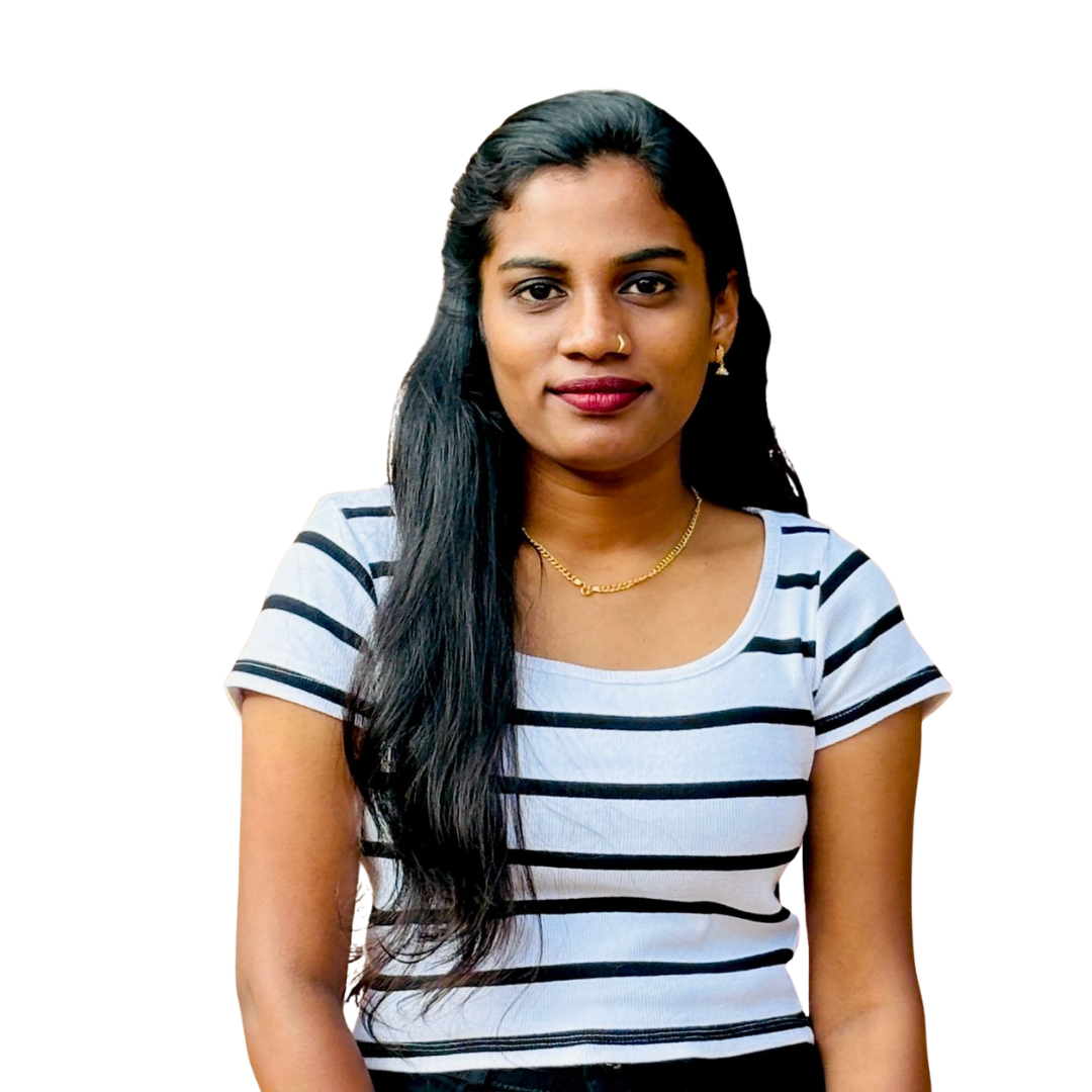 Portrait of a woman with long dark hair, wearing a white and black striped shirt, looking at the camera with a subtle smile.
