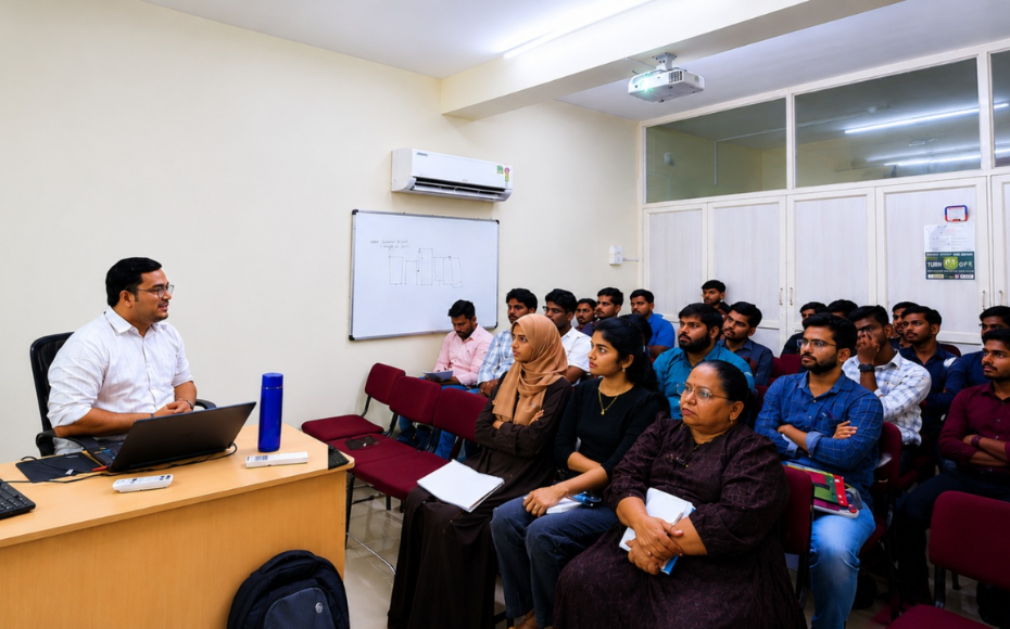 Lecturer at a desk with laptop addressing a classroom of seated students listening attentively.