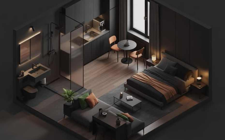 Open-plan studio apartment at night with a living area, kitchen, and dining nook, featuring a bed, sofa, and warm lighting.
