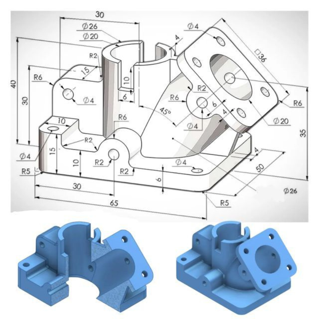 Engineering drawing of a complex mechanical housing with flanges, multiple holes, and an internal bore; two blue 3D renderings of the same part shown below.