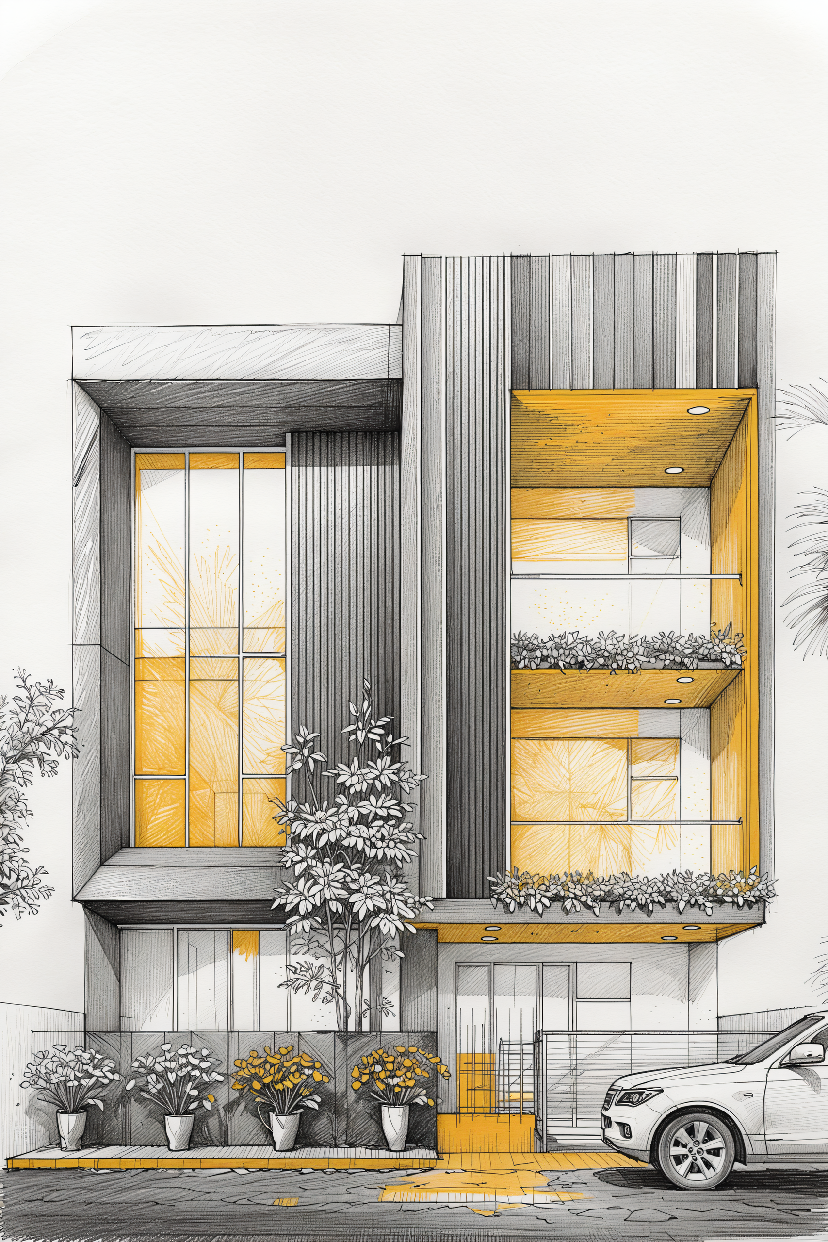 Sketch of a modern storefront with orange-framed glass windows, vertical siding, and planters along the entrance.