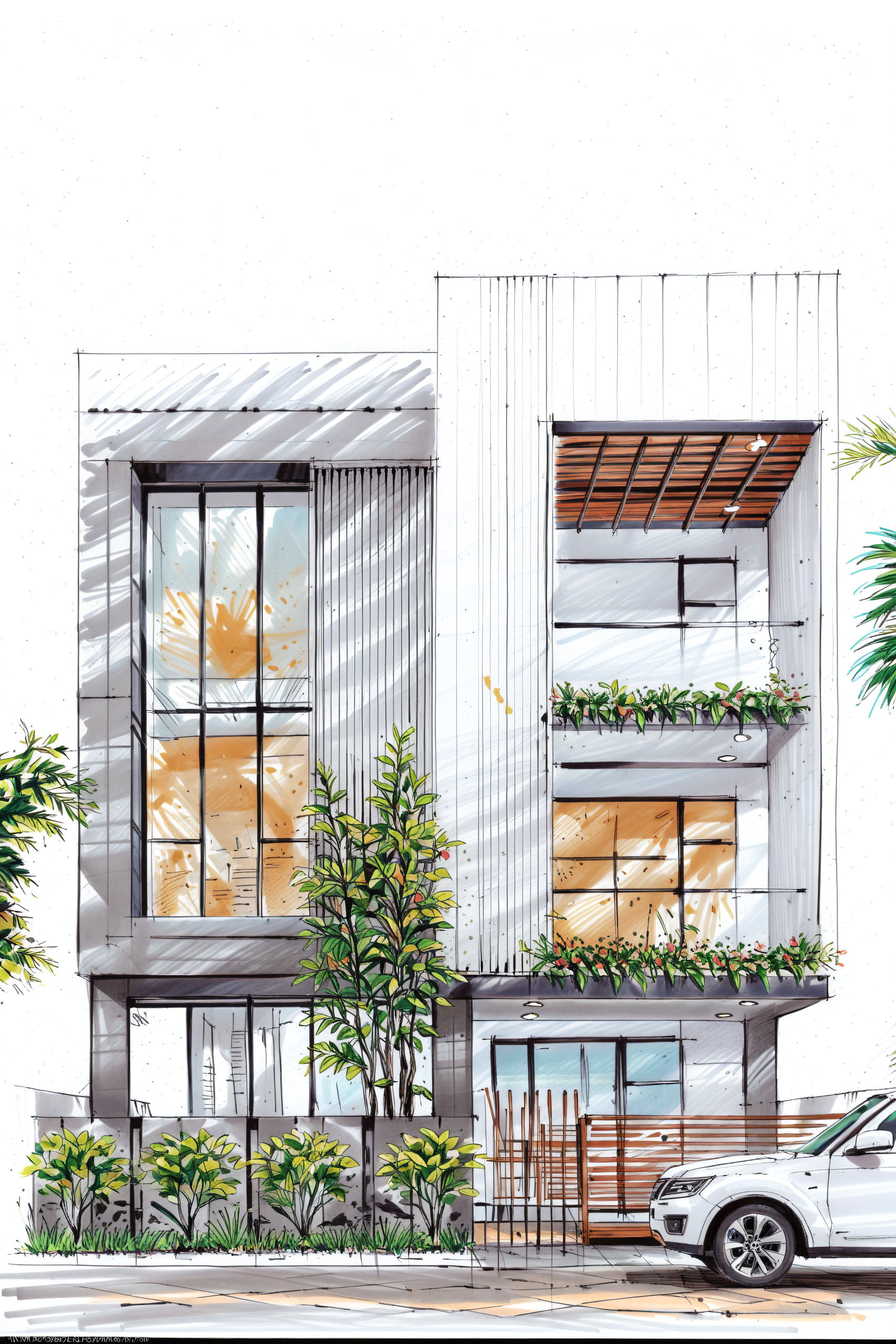 Modern urban building facade with large glass windows, metal siding, and a planted terrace above the entrance.