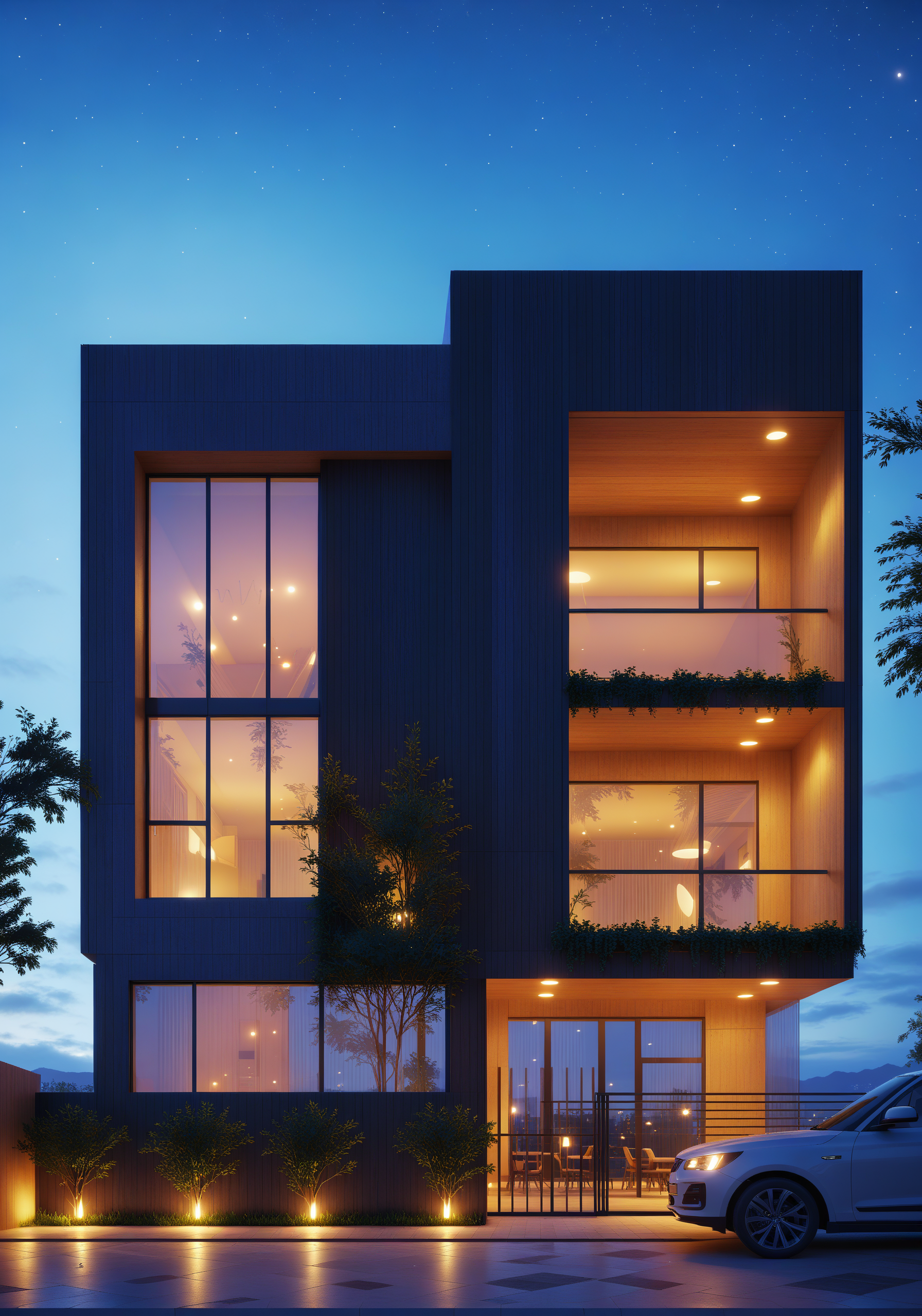 Modern building with large glass windows glowingly lit from inside at night, a car parked out front under a starry sky.
