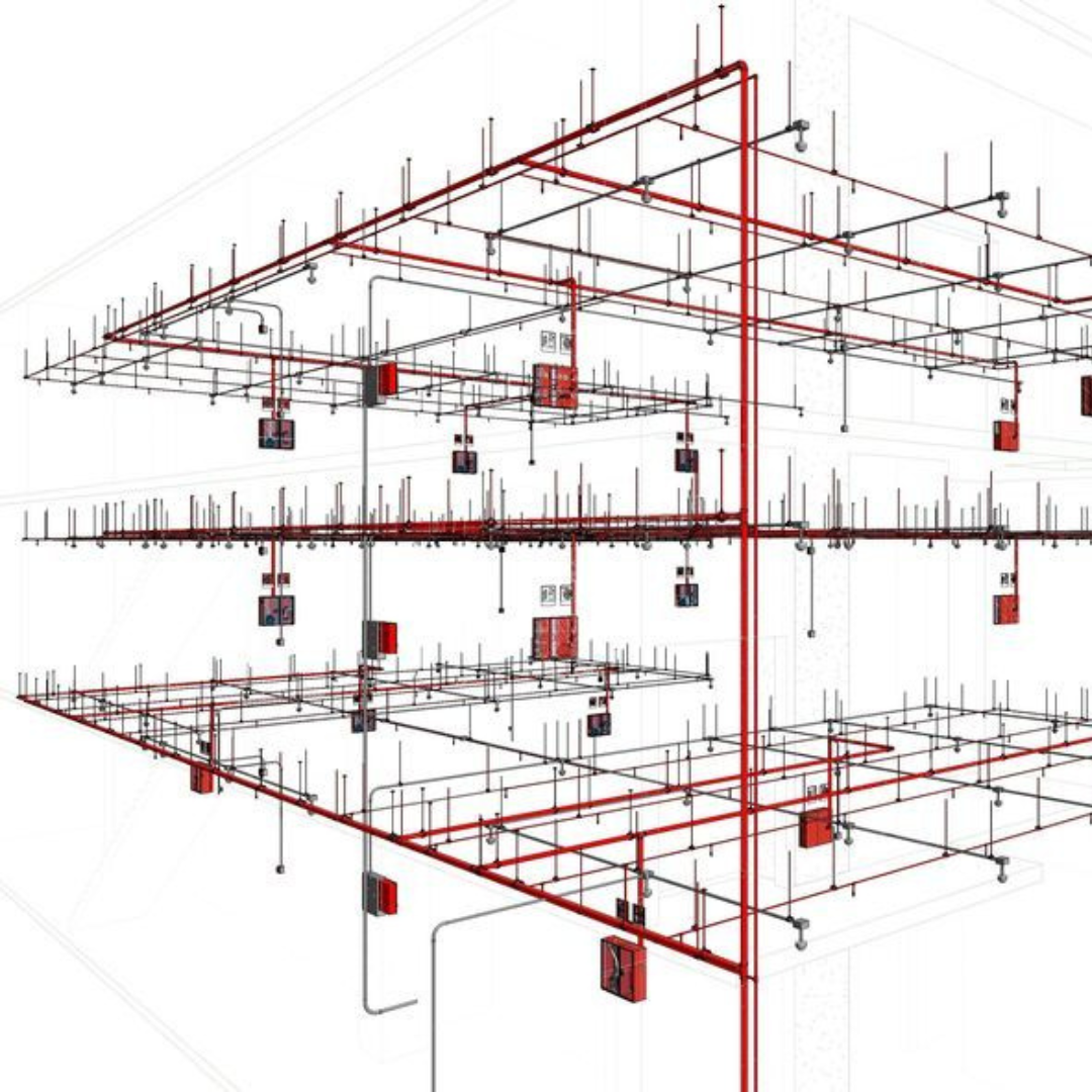 3D schematic of a building's red and grey electrical/pipe network with vertical and horizontal runs and junction boxes (informative diagram).