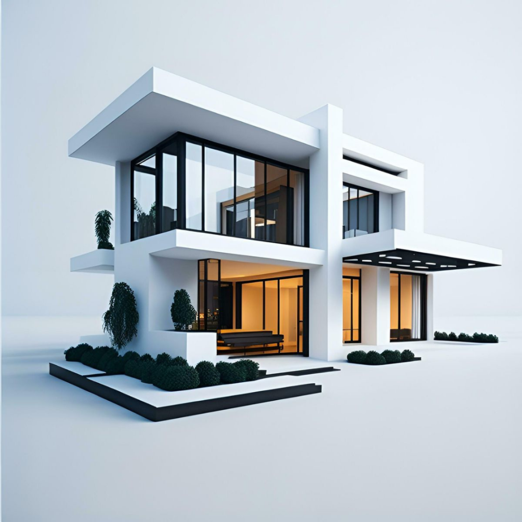 Modern white two‑story house with large glass walls, warm interior lighting, and a minimalist garden.