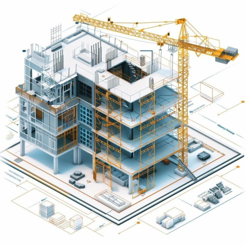 Isometric illustration of a multi-story building under construction with a tall yellow crane and scaffolding surrounding the structure.