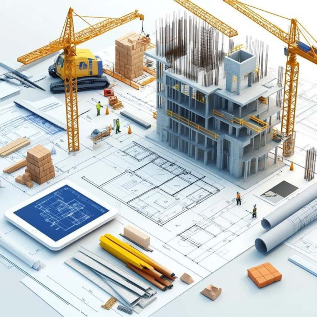 Construction site with cranes and a multi‑story building under development over blueprint plans