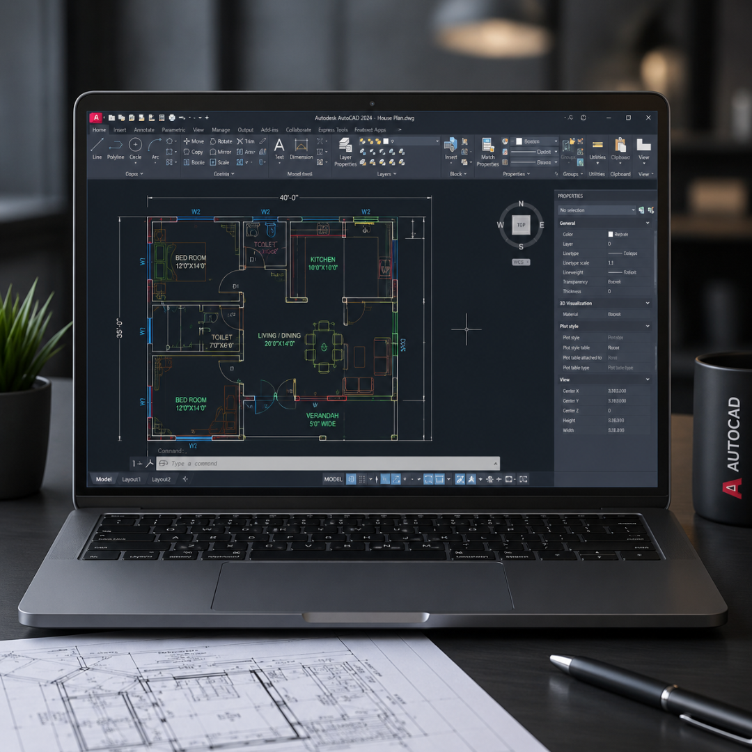 Laptop displaying a detailed AutoCAD floor plan on screen, with blueprint papers and a pencil on the desk.