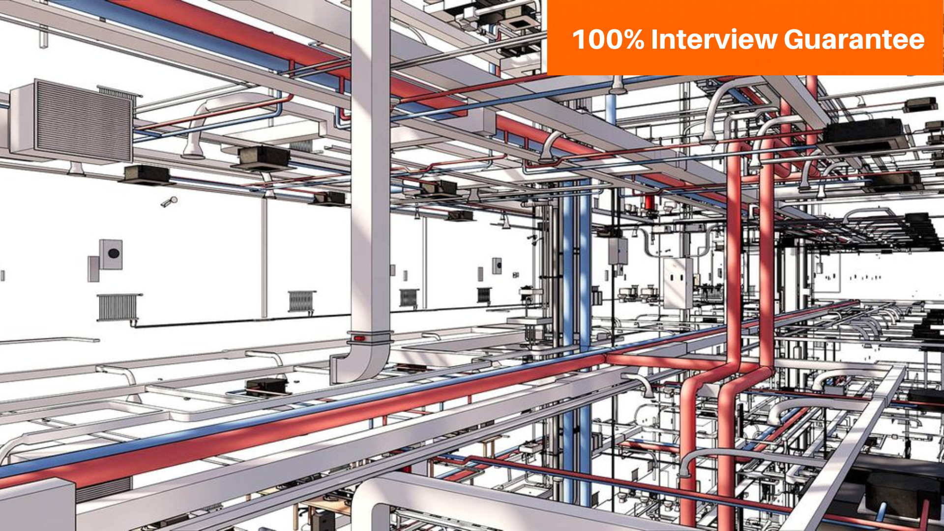 Best BIM Mechanical course training institute in Hyderabad - Caddesk Hyderabad - Caddesk Hyderabad Illustration of a complex mechanical room with exposed red and blue pipes, ducts, and equipment, plus a prominent '100% Interview Guarantee' banner.