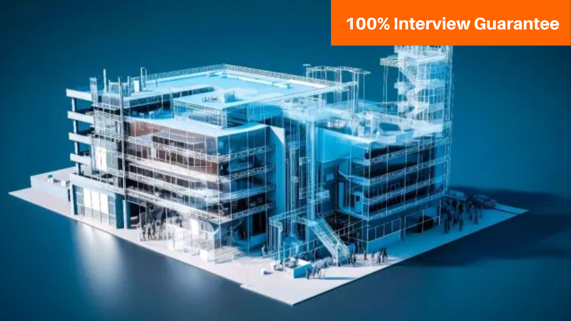 Best BIM course training institute in Hyderabad - Caddesk Hyderabad - Caddesk Hyderabad 3D architectural model of a glass office building on a white base, with an orange banner reading '100% Interview Guarantee' in the corner