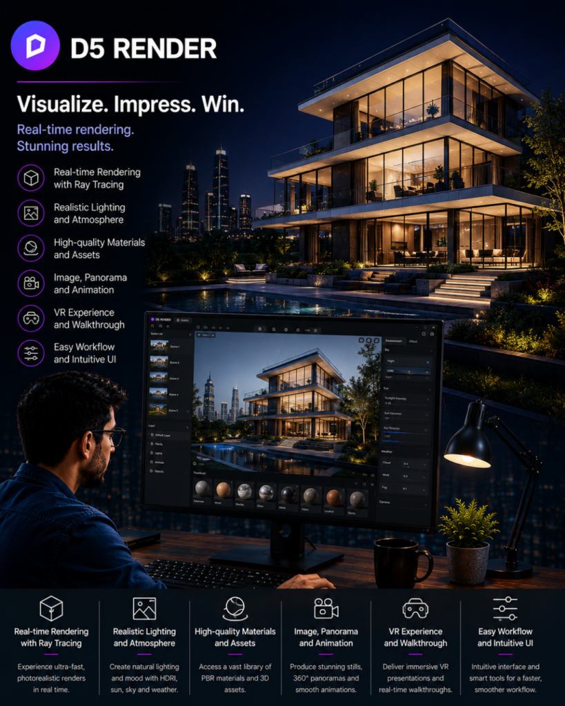 D5 Render promotional banner showing a modern glass house at night, with a designer at a desk viewing a 3D render on a monitor and feature icons along the left and bottom edges.