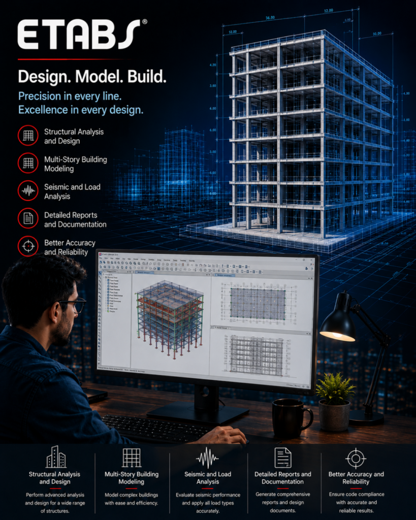 ETABS ad featuring a 3D building design on a blue blueprint grid, with a designer at a computer desk and the slogan 'Design. Model. Build.'