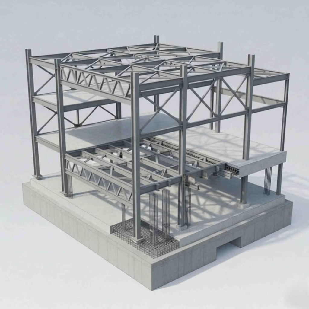 3D model of a multi-story steel frame under construction on a concrete foundation.