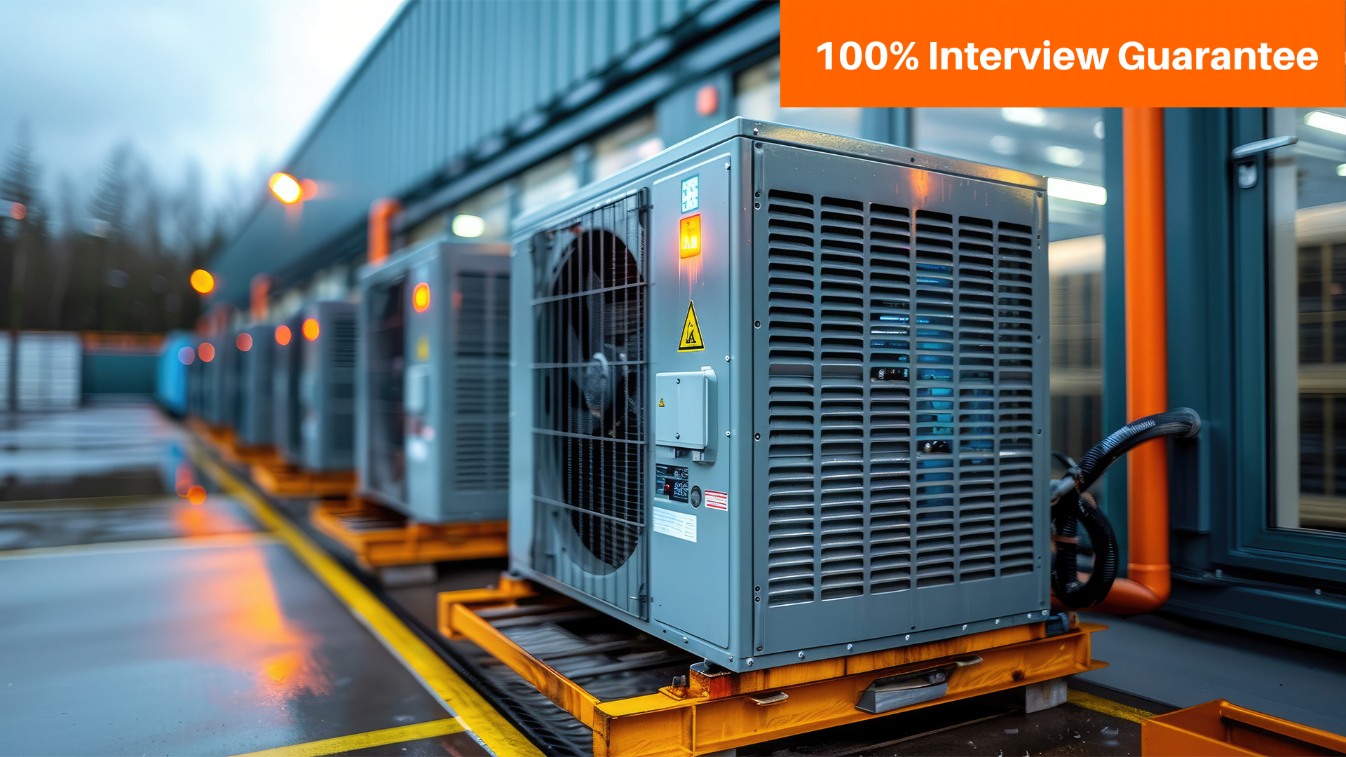 Best HVAC Designing course training institute in Hyderabad - Caddesk Hyderabad - Caddesk Hyderabad Row of industrial HVAC units on orange platforms beside a building, with an orange banner reading '100% Interview Guarantee' in the corner.
