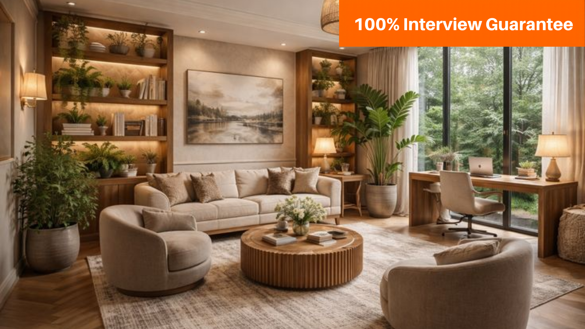 Best Interior Designing course training institute in Hyderabad - Caddesk Hyderabad - Caddesk Hyderabad Cozy living room with beige sofa, round wooden coffee table, and built-in wooden shelves filled with plants and books.