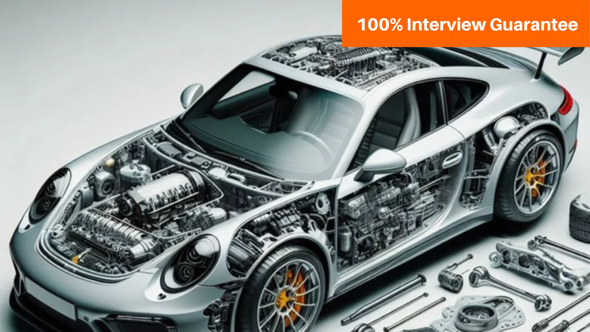 Best Product Designing course training institute in Hyderabad 1 - Caddesk Hyderabad - Caddesk Hyderabad Cutaway view of a silver sports car showing the engine and internal components, with an orange '100% Interview Guarantee' banner in the top-right corner.
