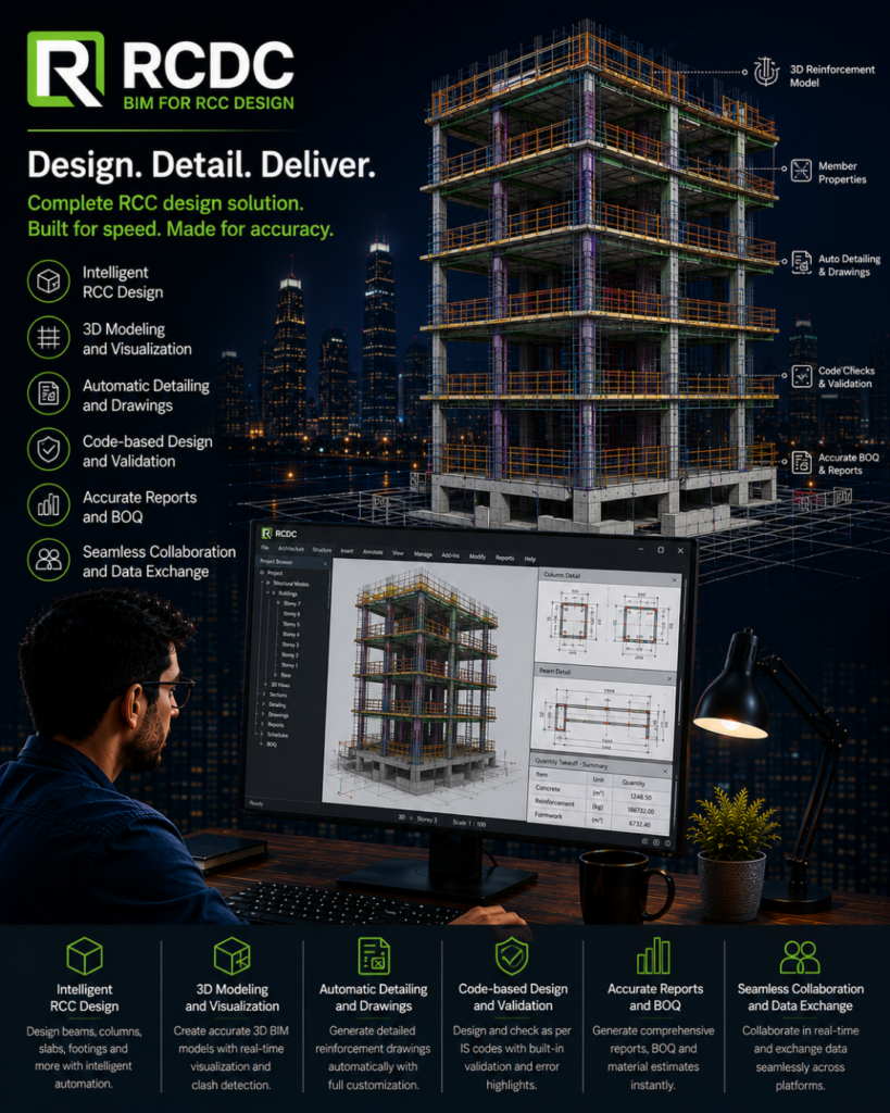 Promotional poster for RCDC BIM for RCC Design showing a multi‑story building model, a designer at a workstation, and icons highlighting design, 3D modeling, detailing, and collaboration.