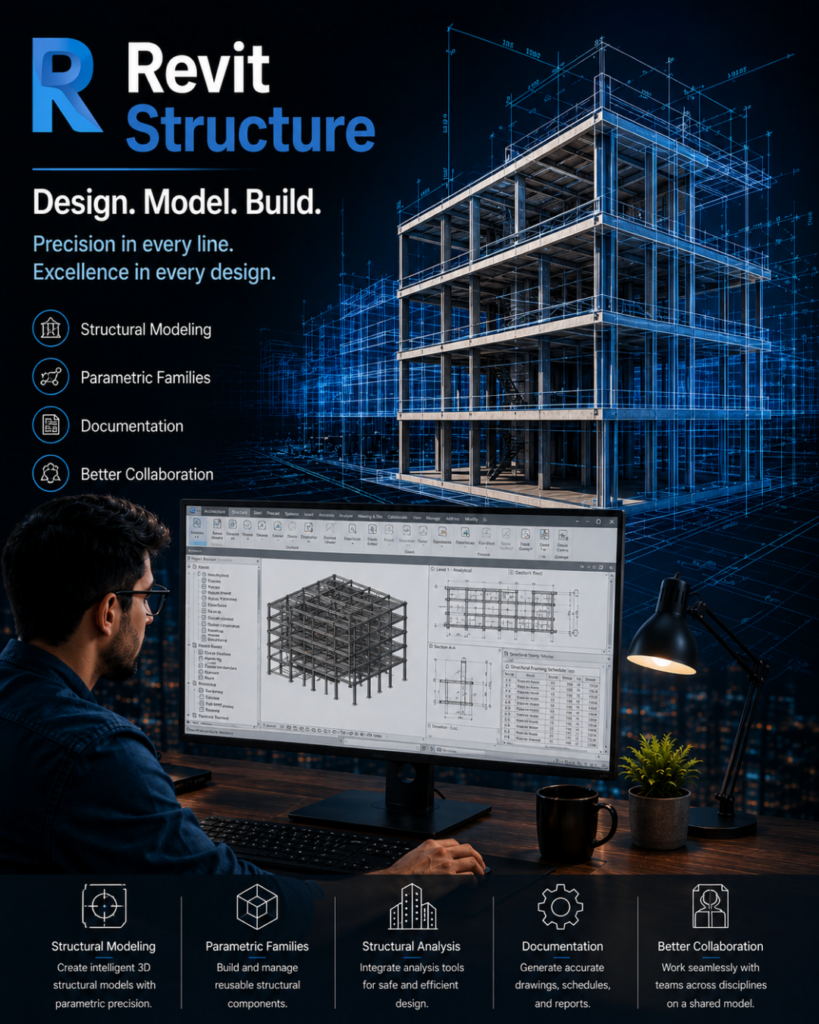promotional poster for Revit Structure: blue 3D building framework overlaid with blueprints, person at computer designing structural models, tagline “Design. Model. Build.” and features like Structural Modeling, Parametric Families, Documentation, Better Collaboration