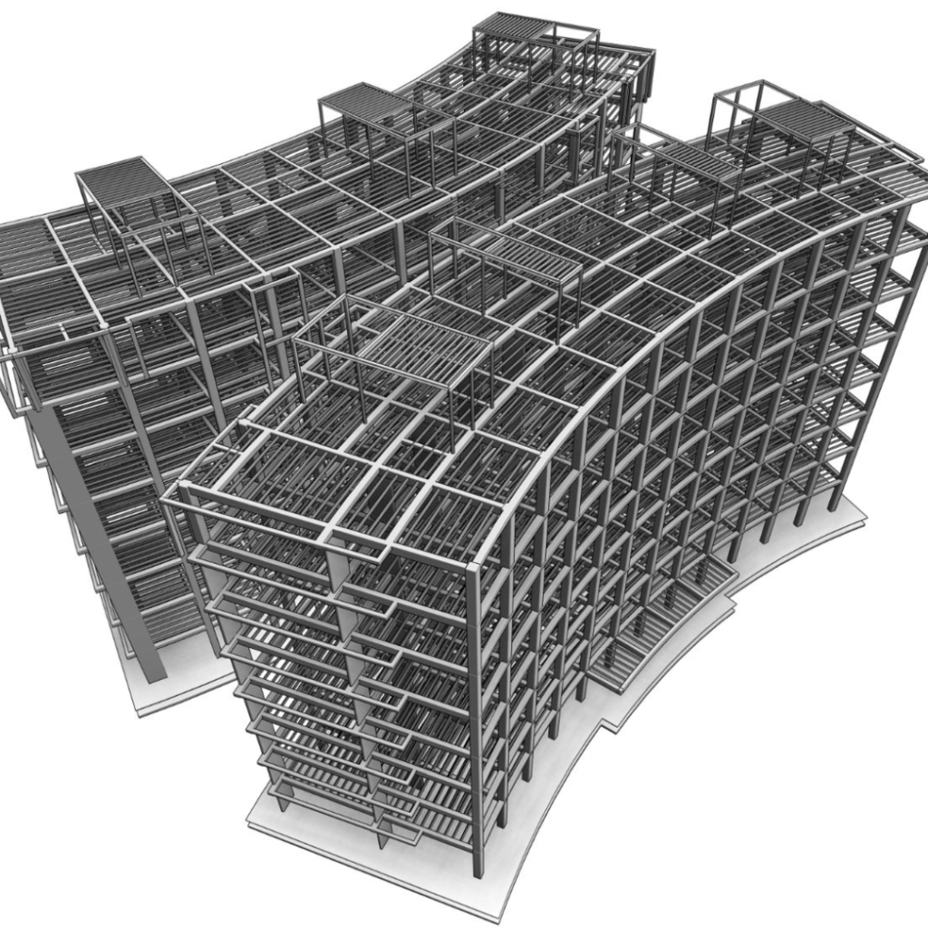 3D rendering of a multi-story steel-frame building under construction with visible scaffolding and floor platforms