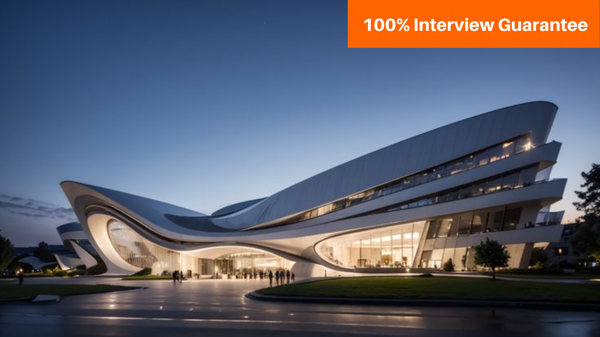 Best Structural Designing course training institute in Hyderabad 1 - Caddesk Hyderabad - Caddesk Hyderabad Futuristic white building with curved walls at dusk; orange banner in the top-right reads '100% Interview Guarantee'.