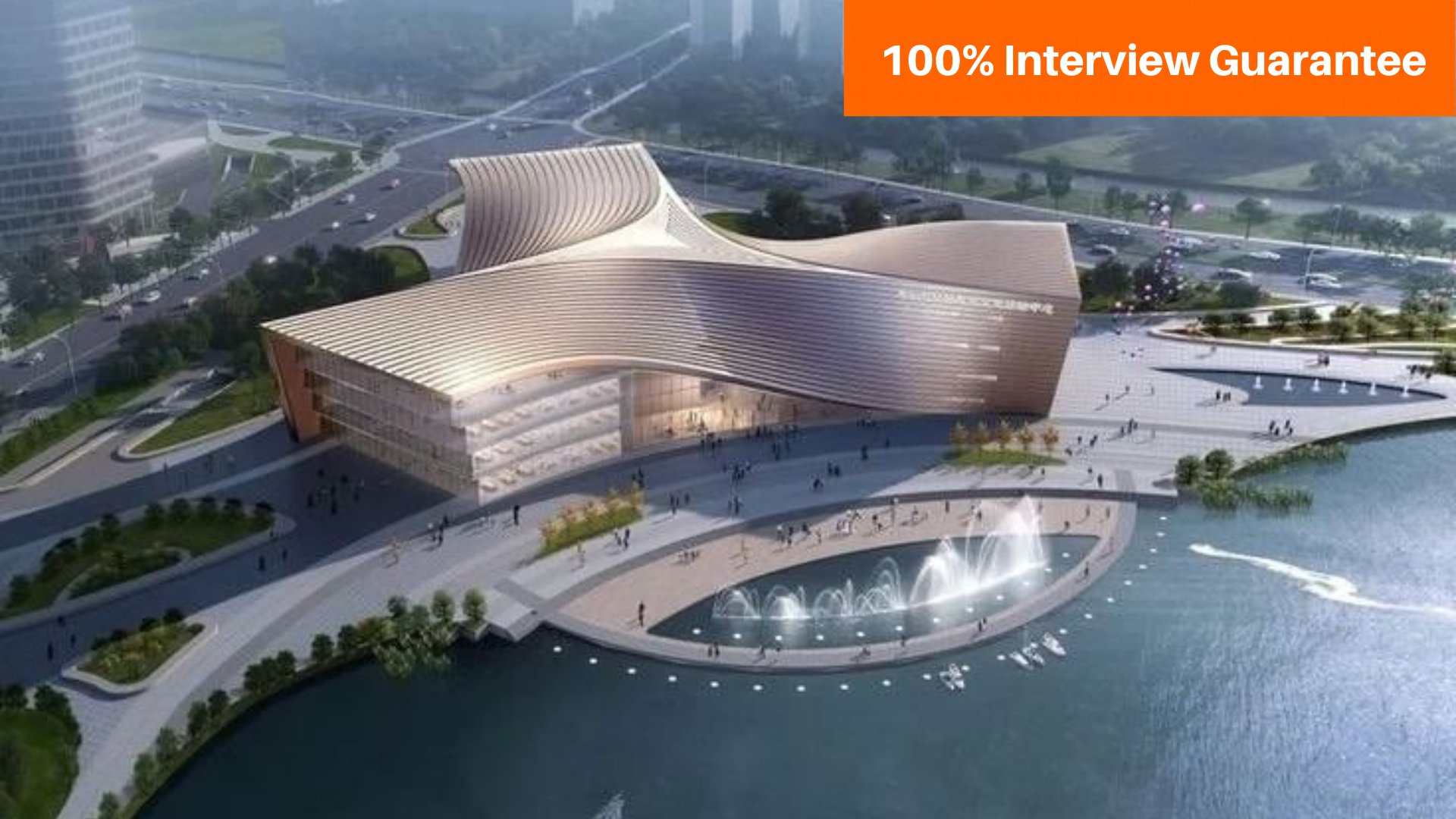 Best Structural Designing course training institute in Hyderabad - Caddesk Hyderabad - Caddesk Hyderabad Aerial view of a futuristic waterfront building with a curved, metallic roof and a large orange '100% Interview Guarantee' banner in the top-right corner.