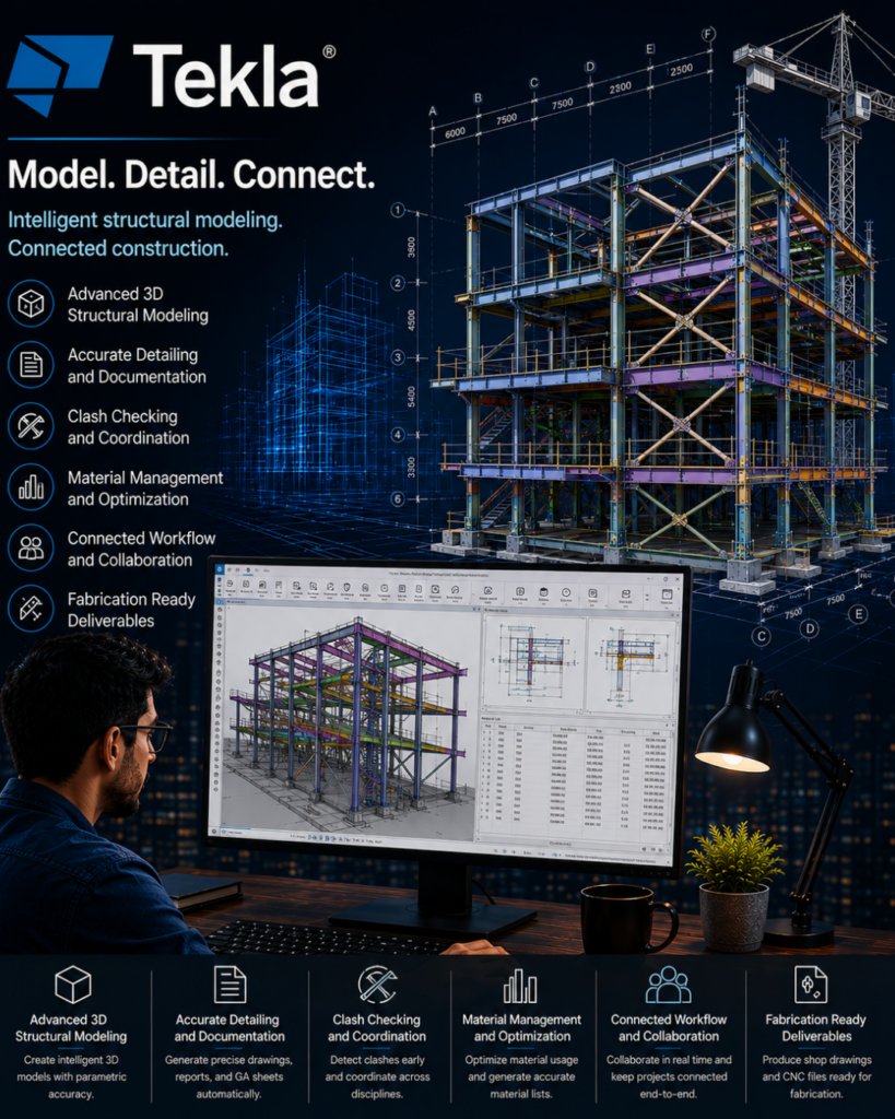 Tekla poster showing a multi‑story steel frame with blueprint overlays and an engineer at a computer illustrating 3D structural modeling.