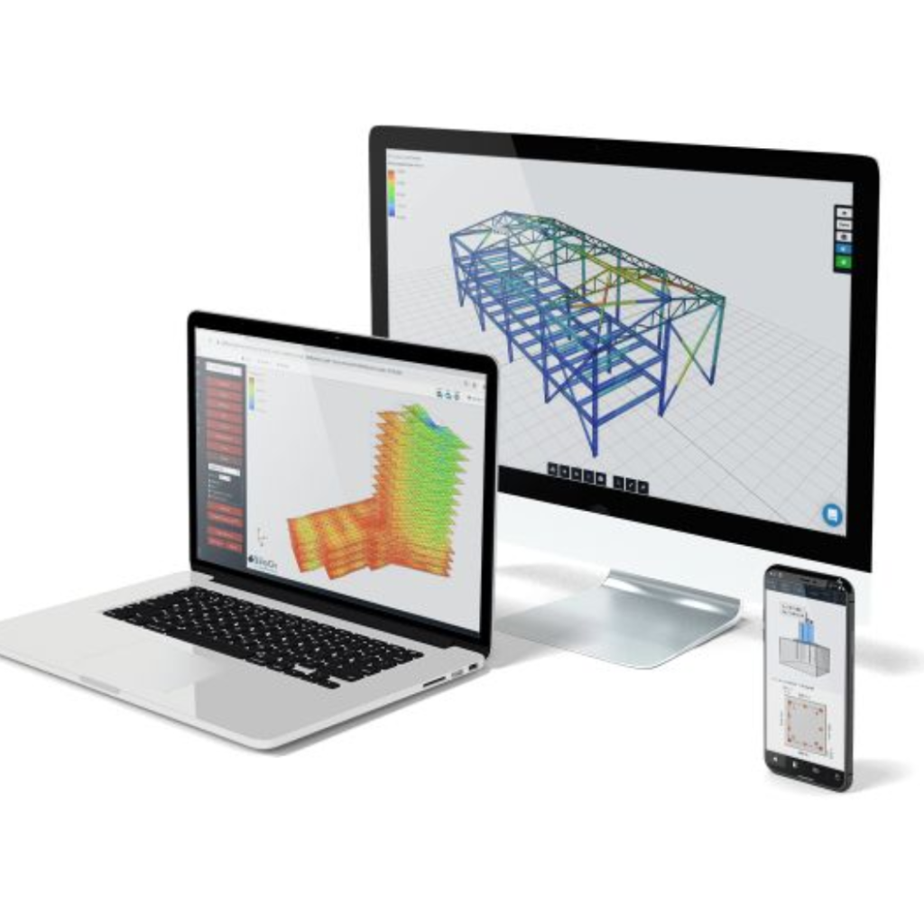 Desktop monitor shows a blue 3D structural frame; laptop displays a color heat-map; smartphone shows diagrams on its screen.