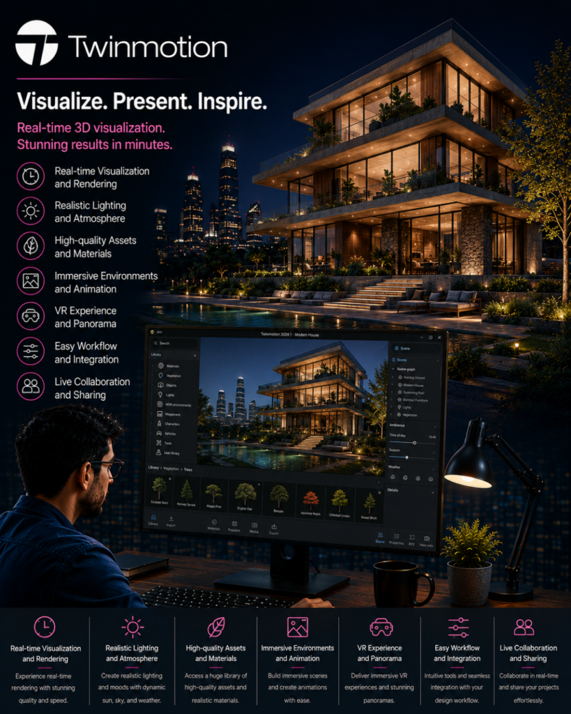 Twinmotion promo: a night-lit modern building with a designer at a desk viewing a 3D visualization on a monitor, featuring left- and bottom-side icons for key features.