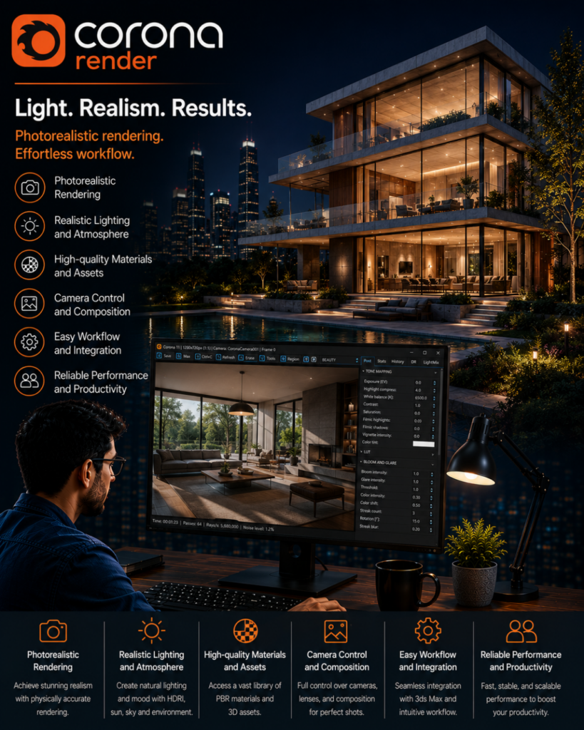 Poster for Corona Render ad: night-time modern glass house with feature icons on the left and a designer at a computer displaying a 3D interior render.