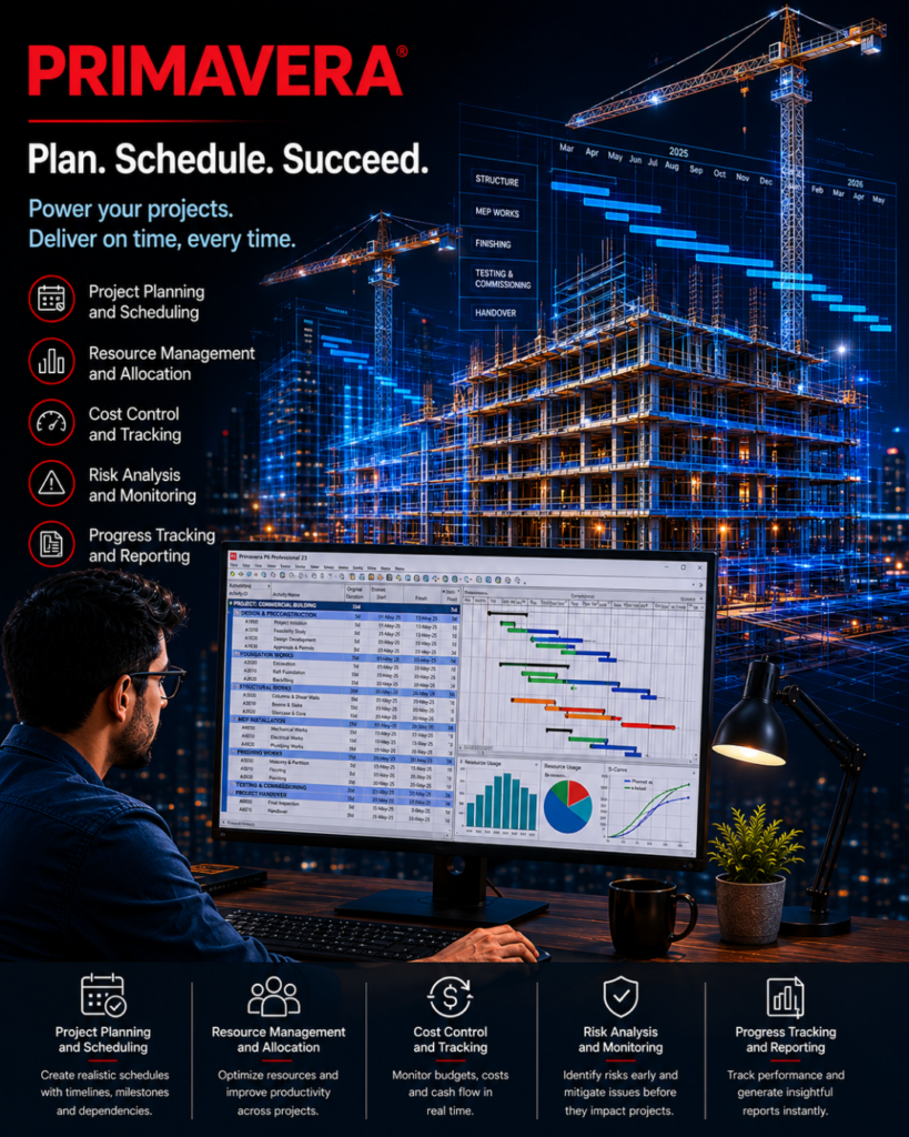 Primavera branding with a construction site backdrop, showing a planner at a monitor displaying a Gantt chart and project icons on the left.