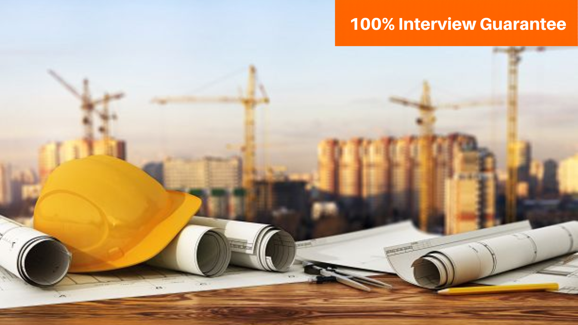 Best project management course training institute in Hyderabad - Caddesk Hyderabad - Caddesk Hyderabad Construction site scene with a yellow hard hat and rolled blueprints on a wooden desk, cranes and buildings in the background.