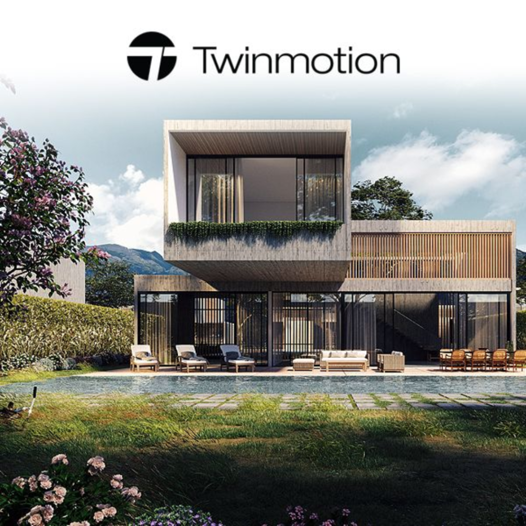 Modern two-story glass-and-concrete house with a poolside lounge area and landscaped garden; Twinmotion logo at top, indicating a digital architectural render.