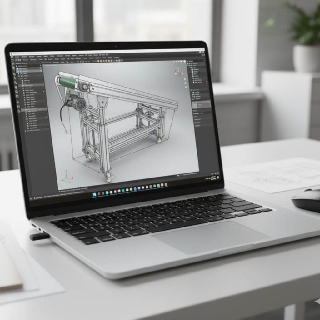 Laptop screen showing a 3D CAD model of a mechanical frame on a desk.