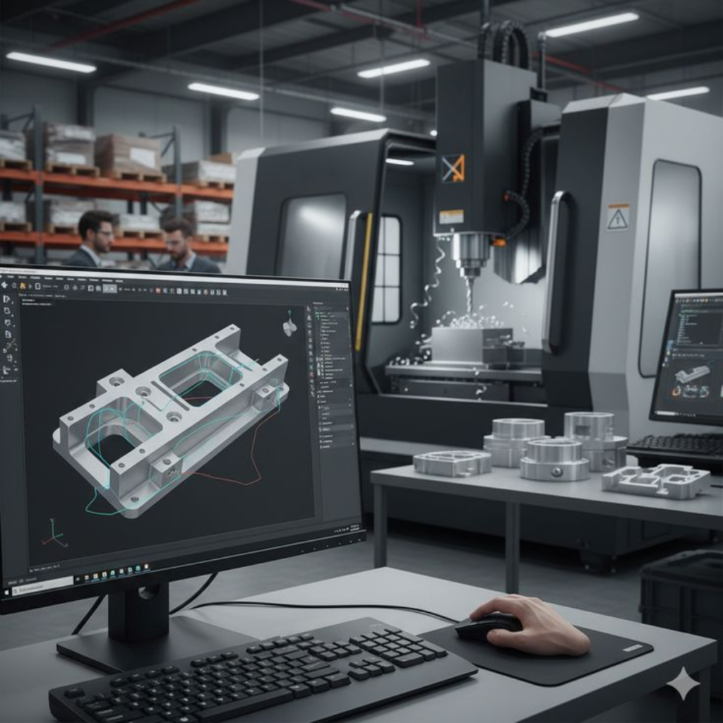 Engineer uses CAD software on a monitor to design a machined metal component in a factory setting.