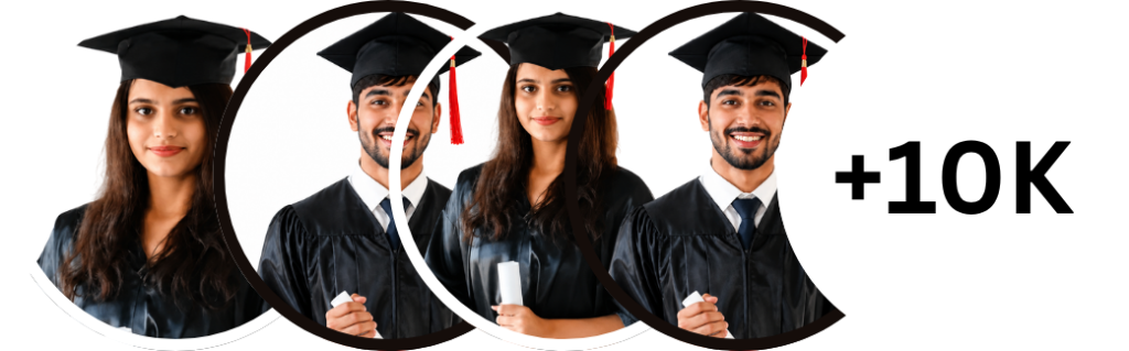 Celebratory graphic with four graduates in caps and gowns inside overlapping circular frames and +10K indicating 10,000 graduates.