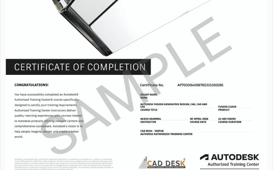 Certificate of Completion document with a bold black banner, large SAMPLE watermark, and CAD Desk logos at the bottom corners.