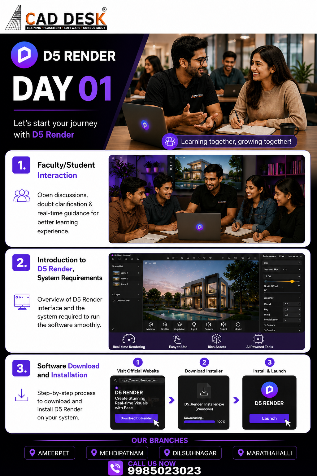 Promo infographic for D5 Render by CAD DESK: Day 01, learning together; sections cover Interaction, Introduction, and Download steps with screenshots.
