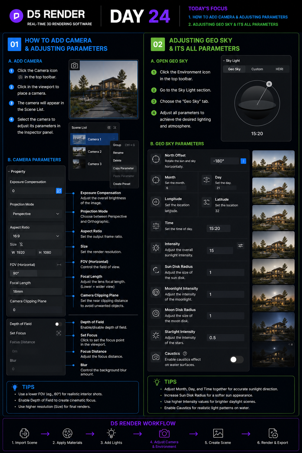 D5 Render Day 24 infographic showing how to add a camera and adjust camera and geo sky parameters, with screenshot panels and a tips section.