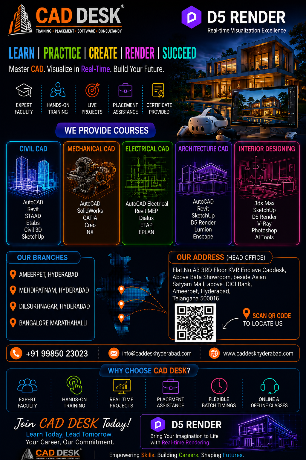 Promotional infographic for CAD DESK and D5 Render showing neon headers, learning paths, and course categories with branch and contact details.