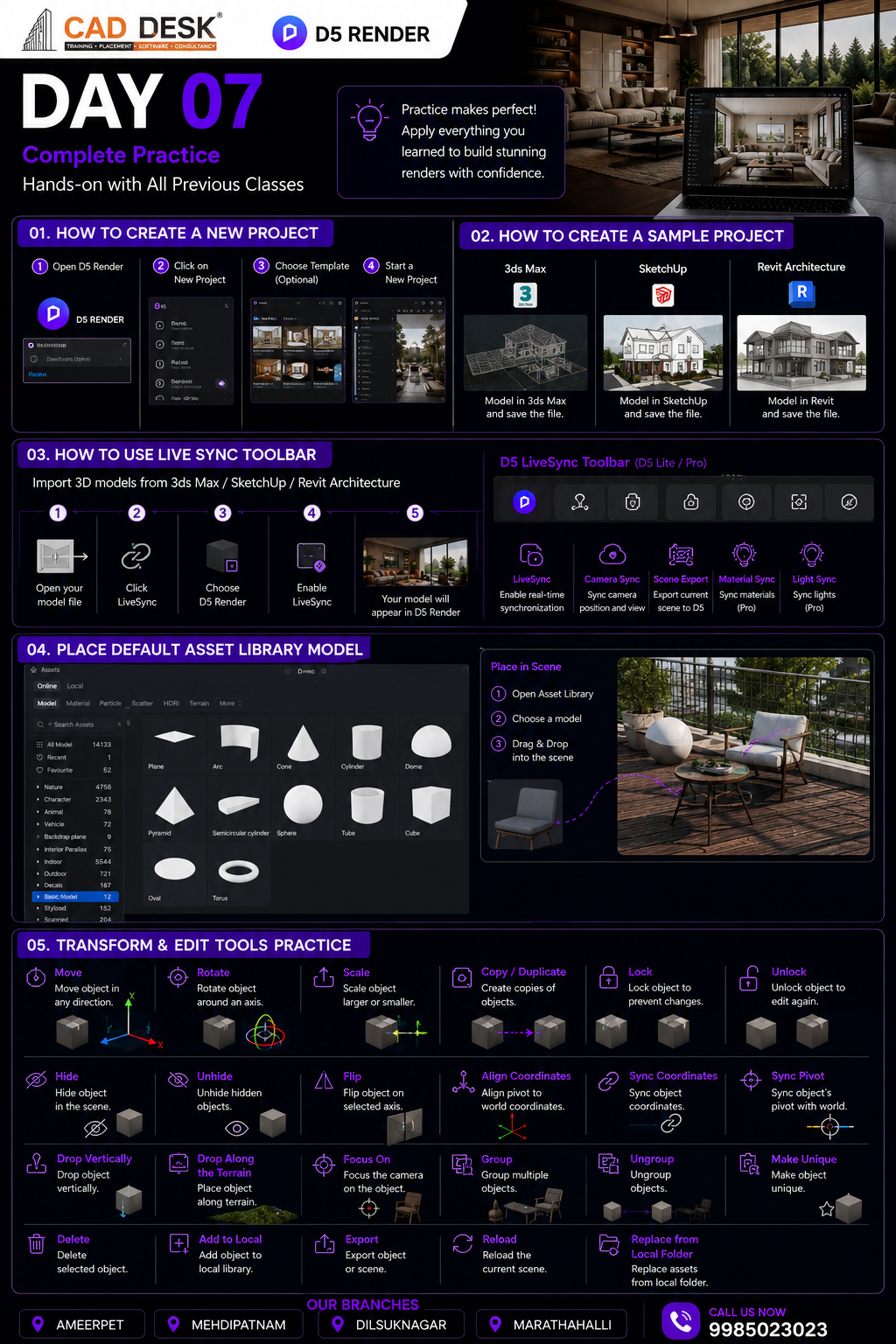 Promotional infographic for CADDESK D5 Render Day 07 with steps to create projects, sample projects, Live Sync toolbar, asset library, and tools.
