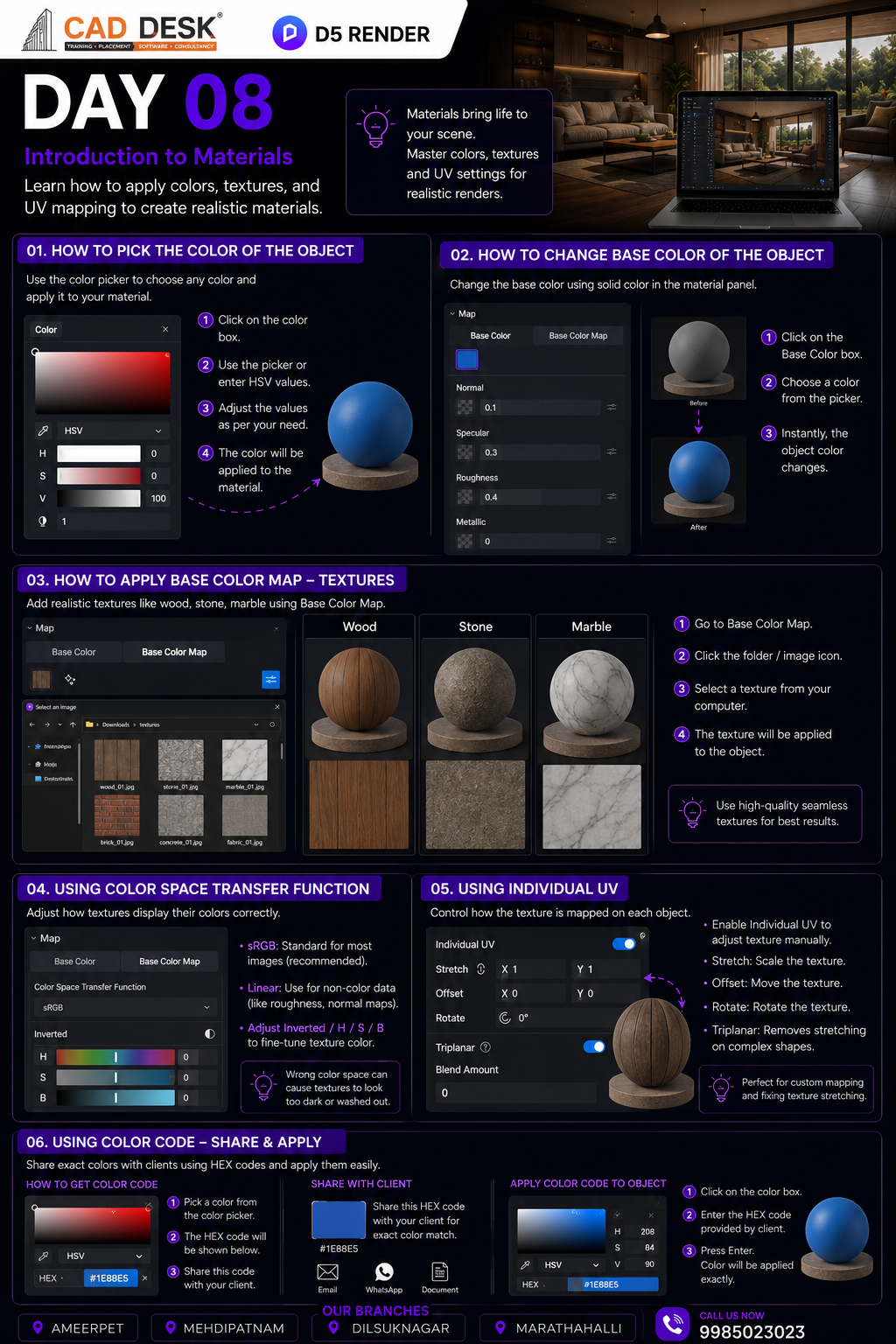 Infographic poster for Day 08: Introduction to Materials, outlining color, texture, and UV workflows in D5 Render.