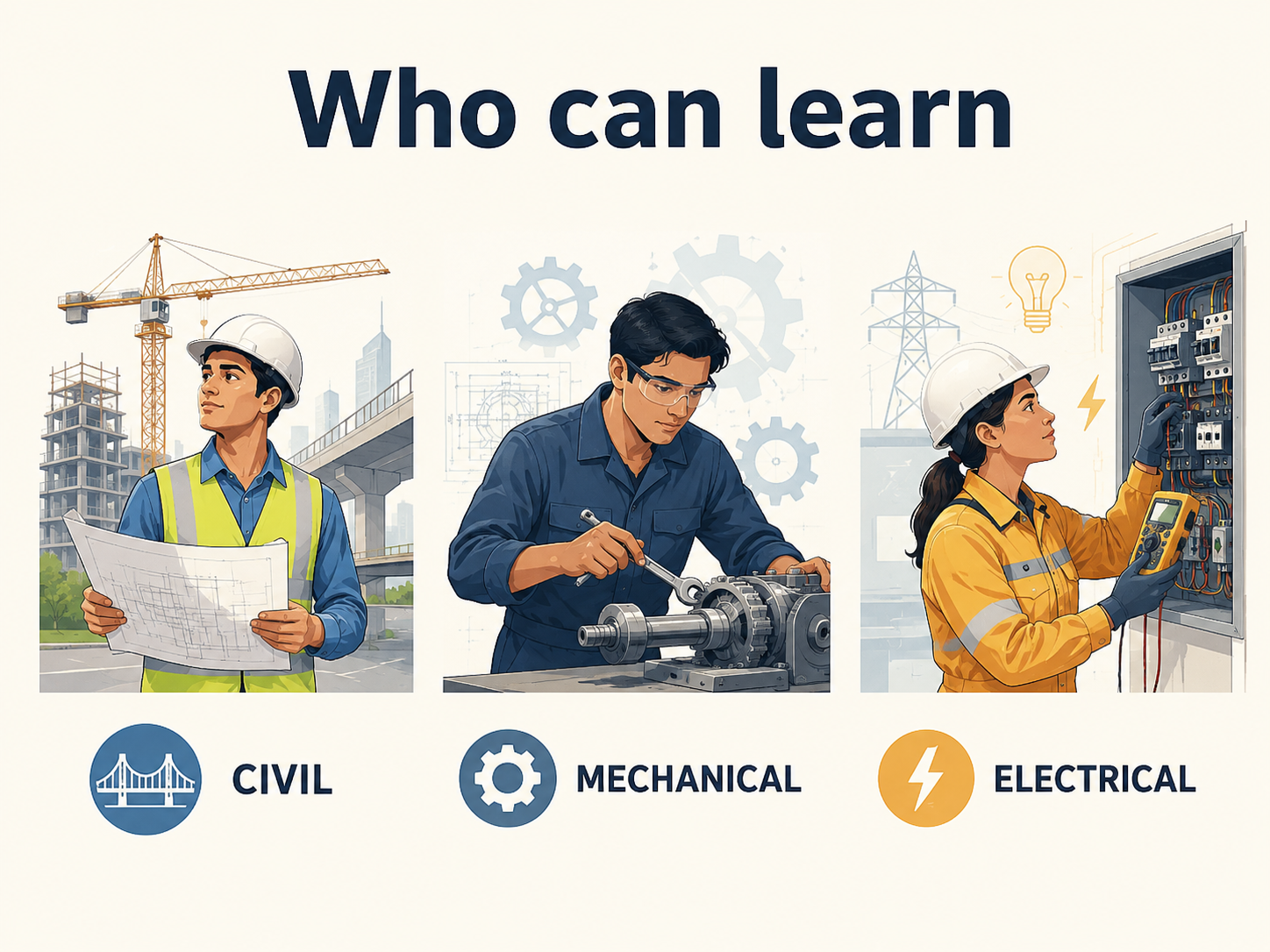 Three technicians from civil, mechanical, and electrical fields under the heading 'Who can learn'—each at work (construction site, machine shop, and electrical panel). This image promotes learning across engineering trades.