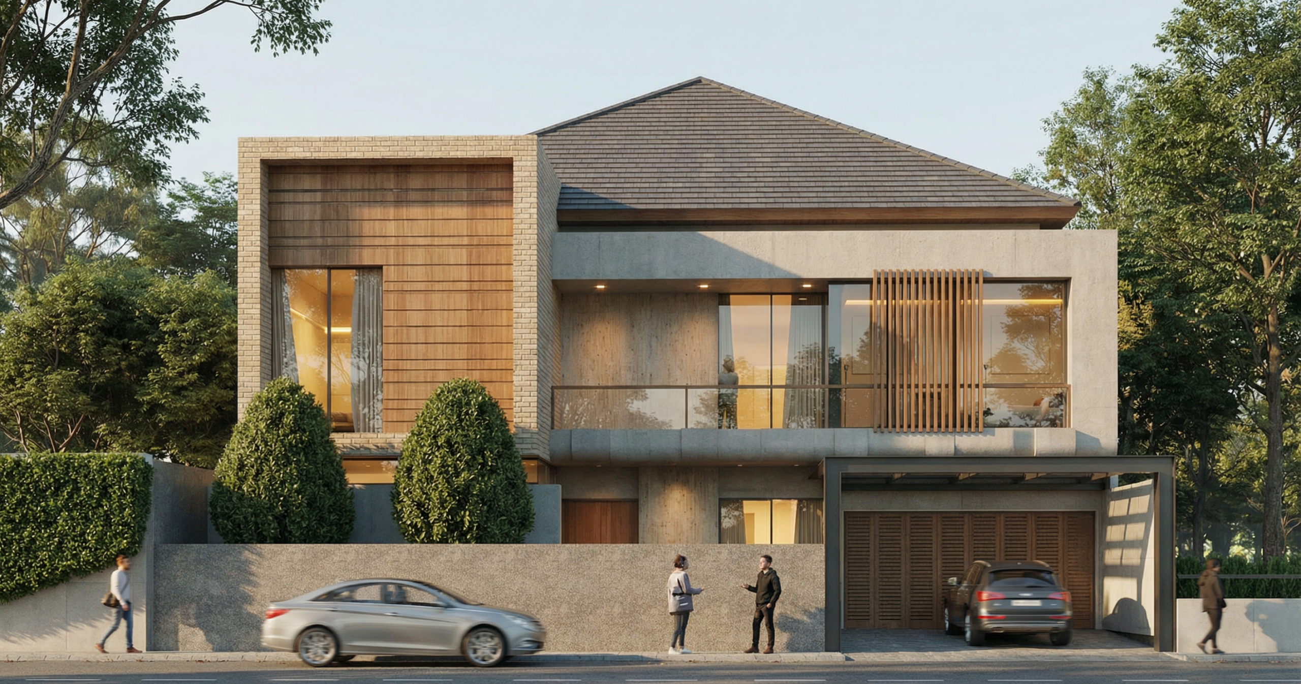 Modern two-story house with wood and concrete facade, glass balcony, gated driveway, and surrounding trees.