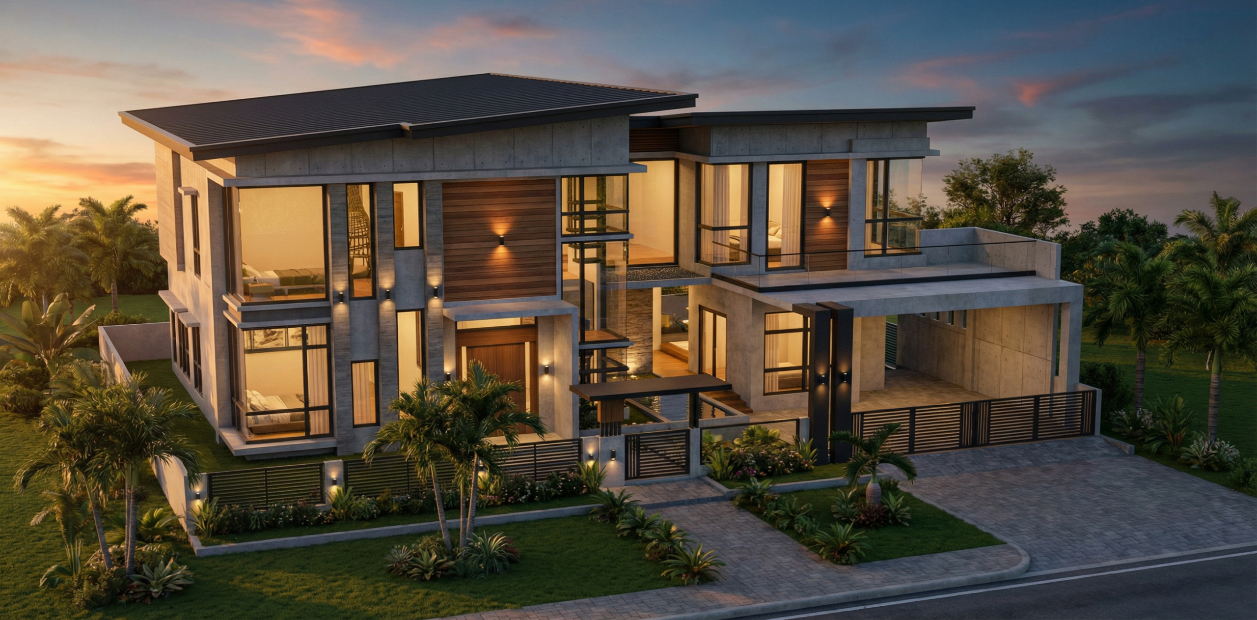Modern two-story villa with large windows and concrete + wood facade at sunset, overlooking a landscaped yard and driveway.